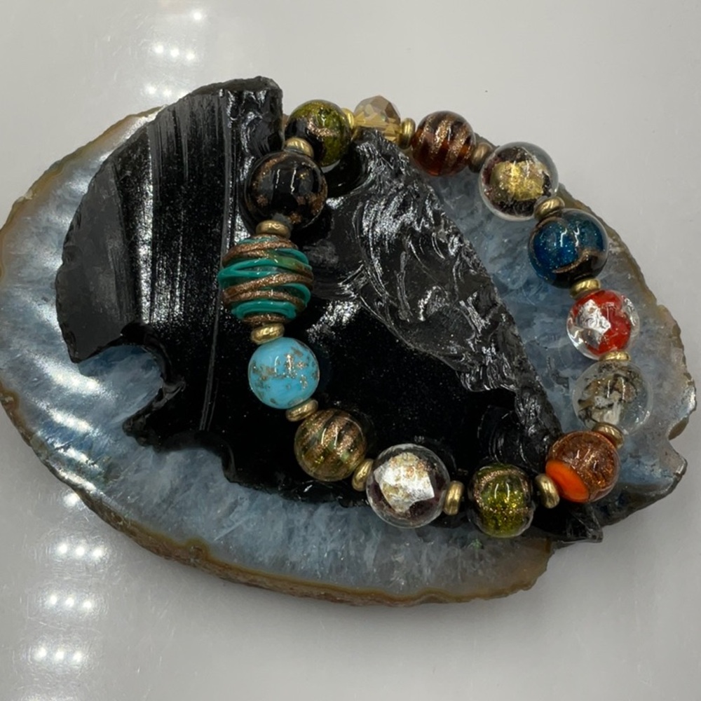 8” Fancy Murano Multicolor Glass Bead Stretch Bracelet - Picture 4 of 6